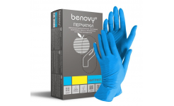 Перчатки нитриловые  неопудренные текстурированные на пальцах, Benovy голубые М 1000/100