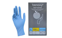 Перчатки нитриловые  неопудренные текстурированные на пальцах, Benovy голубые 50/500  L